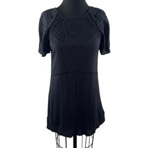 Avec Les Filles Laser Cut Short Sleeve Mini Dress Black Round Neck Sheath Sz XS